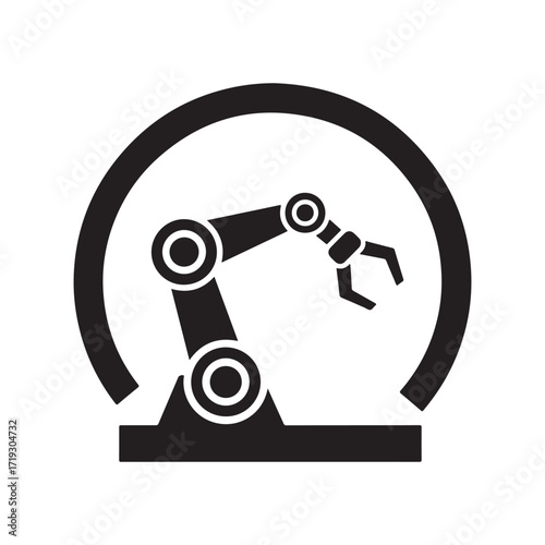Flat Vector Industrial Robotic Arm Icon within Circular Design