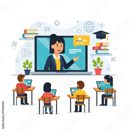 Online Learning with Teacher and Students Flat Vector Illustration