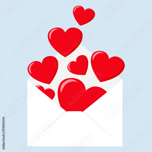 Envelope with scattered hearts. Envelope with Valentine's cards. Vector illustration.
