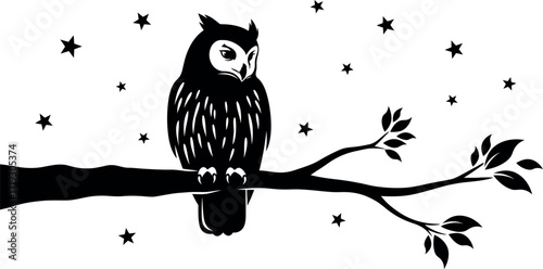 Owl Silhouette Sitting on Tree Branch with Stars in Night Sky Vector Illustration.