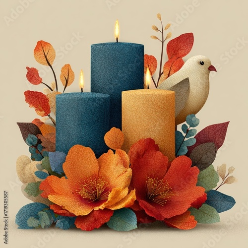 Flat vector social media template for All Saints' Day with candles, flowers and dove