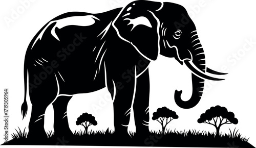 Elephant silhouette in savanna grassland with trees, wildlife animal vector illustration art.