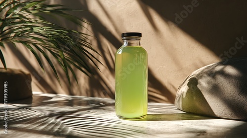 A vertical shot of a cold aloe vera drink in a bottle, set against palm shadows and a stone tabletop.