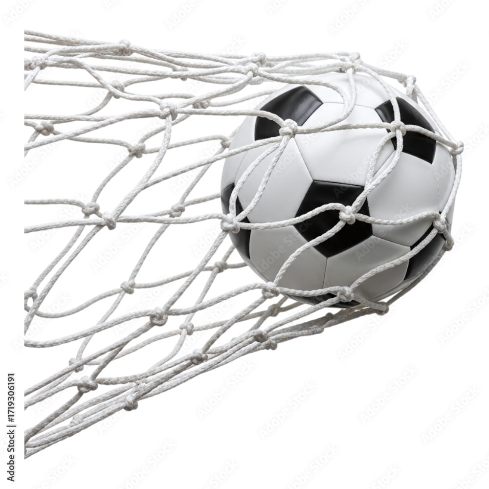 Naklejka premium A soccer ball caught in a net, symbolizing a goal scored in a game, isolated on transparent background