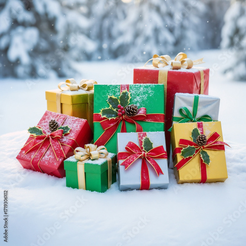 Wrapped gift boxes on snow during winter holidays in festive colors  