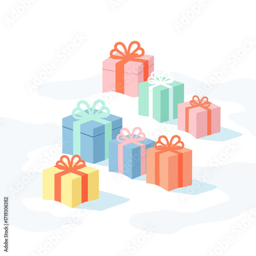 Wrapped gift boxes on snow in pastel colors with bows  
