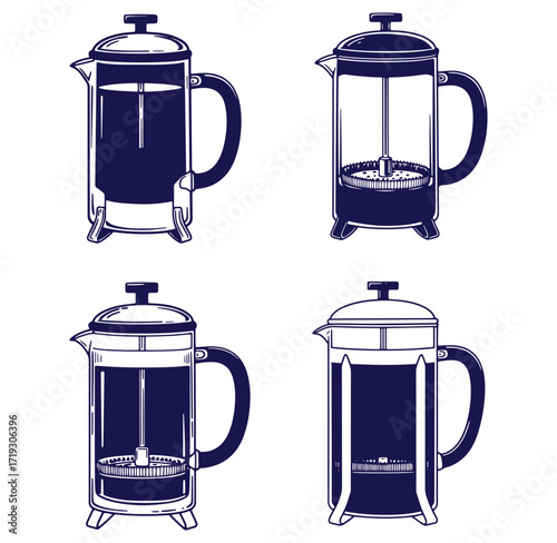 Four artistic illustrations of french press coffee makers showcasing detailed designs