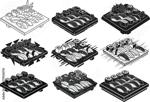 Sushi platter silhouette, nigiri maki vector, Japanese food clipart, black white illustration, traditional cuisine art, minimal graphic design