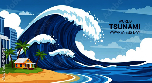Cartoon Tsunami Wave Threatening Coastal Buildings on World Tsunami Awareness Day