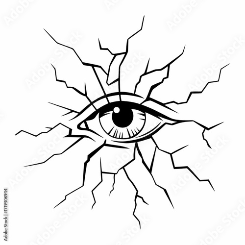 Minimilist a stylized eye surrounded by cracks radiating outwards in a black and white illustration art work vector