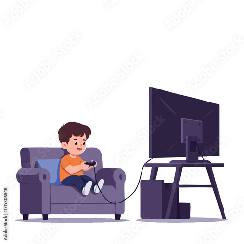 A small child comfortably sitting on a living room couch, completely absorbed in playing a vibrant video game on a large TV screen with a controller, depicted in a 2D flat vector style.