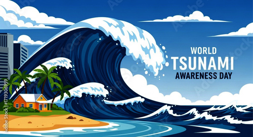 Pixelated Illustration of a Massive Tsunami Wave Crashing Towards Coastline