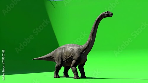 4k render of a Brachiosaurus dinosaur standing against a bright green screen background, showcasing its detailed texture and long neck in a side profile view, offering a