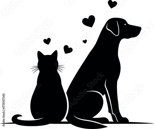 Dog and cat silhouette with hearts in black and white, pet love and friendship art.