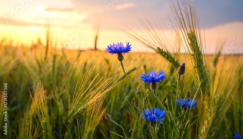Golden wheat field sunset, vibrant blue wildflowers