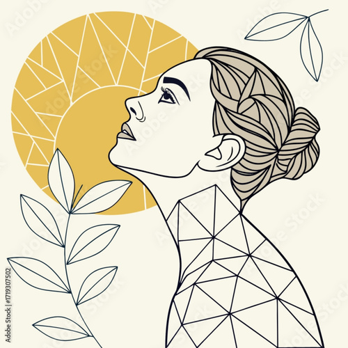 Minimilist line art of woman looking up with geometric patterns and sun and leaves in neutral colors aesthetic design vector