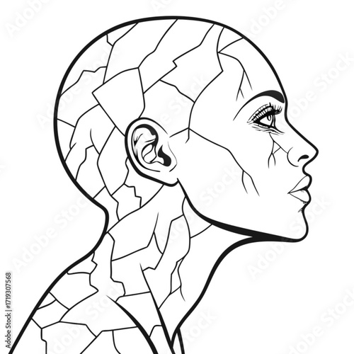 Minimilist stylized portrait of a woman with cracked skin texture in black and white line art side profile view vector