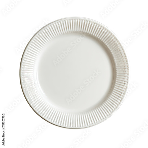 Empty, round, white disposable plate with ribbed edges