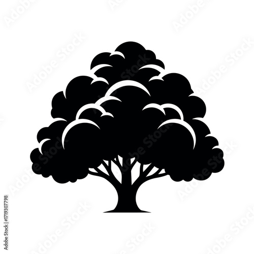 Vector illustration of black silhouette of a large, mature tree with a full, bushy canopy and visible branches
