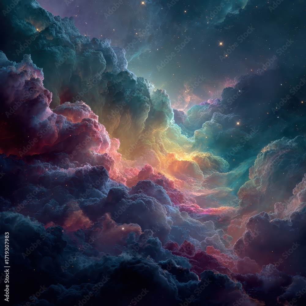 Obraz premium Celestial Symphony: A vibrant nebula dances across the cosmos, painted with swirling hues of blue, pink, and gold. Tiny stars twinkle, enhancing the beauty.