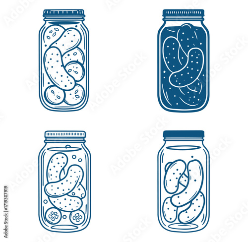 Four jars of pickles in different arrangements and styles with a simple vector design