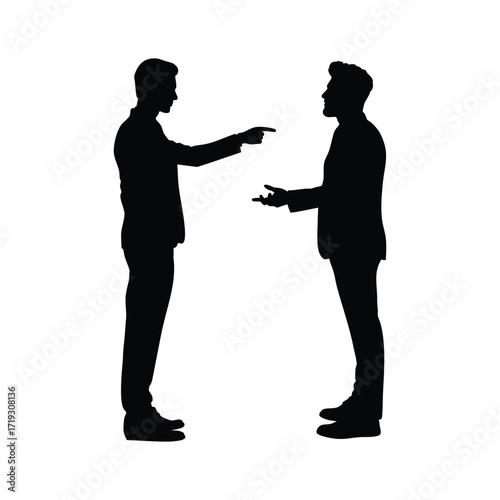 A silhouette of two businessmen in dialogue, one pointing and the other gesturing, symbolizing professional conversation, negotiation, or a challenging discussion.