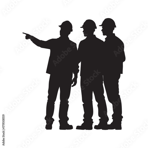 A silhouette of three construction workers in hard hats, with one pointing and leading a discussion, symbolizing collaboration, leadership, and professional teamwork.
