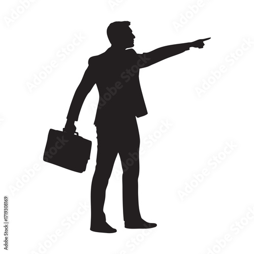 Silhouette of a businessman holding a briefcase and pointing forward, symbolizing leadership, vision, and a clear path to success.