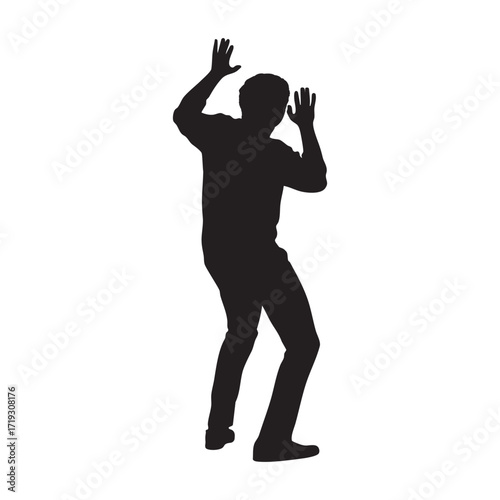 A silhouette of a man with hands raised in a defensive gesture, symbolizing fear, shock, surprise, or a moment of panic and vulnerability.