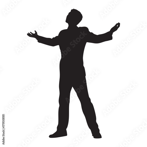 A silhouette of a man with arms outstretched and his head up, symbolizing joy, freedom, and triumph in a moment of celebration or achievement.