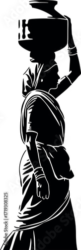 Silhouette of woman carrying pot on head, traditional rural lifestyle vector illustration.