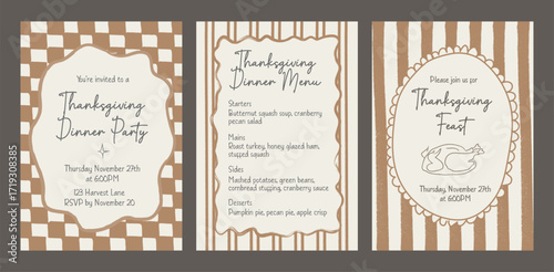 Set of Thanksgiving invitation and dinner menu templates with hand drawn doodle frames and retro checkered and striped borders. Whimsical autumn feast party cards. Vector illustration.