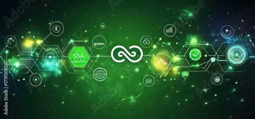 Green tech interconnected system.  Abstract graphic with glowing icons and network
