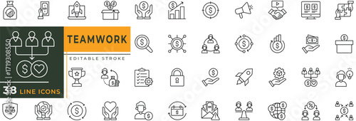 Teamwork line icons set with editable stroke. thin linear illustration.