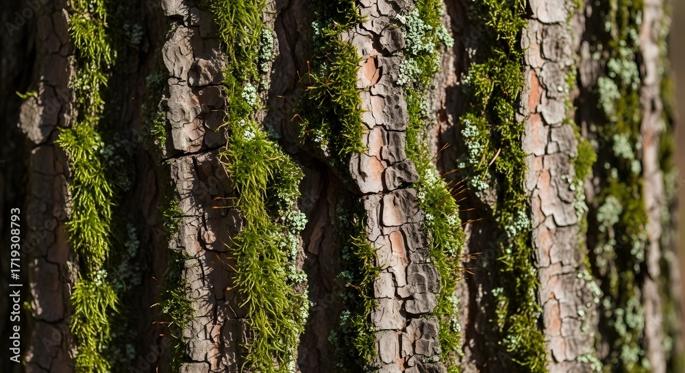 Obraz premium Close-up view of a tree trunk covered in moss, showcasing the textured bark and vibrant green moss.