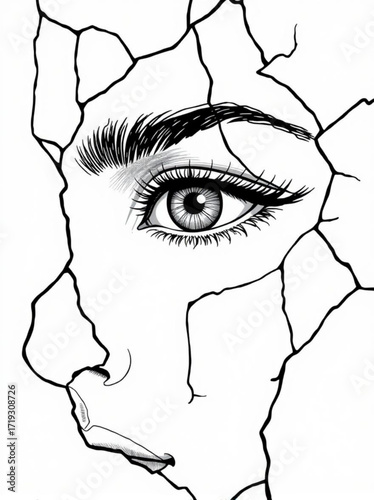Minimilist close up of a woman's face with detailed eye and eyebrow surrounded by cracked lines artistic style vector
