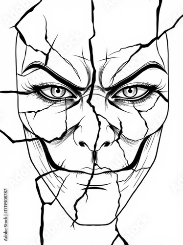 Minimilist a black and white drawing of a face with cracks all over it and intense eyes staring forward intently vector