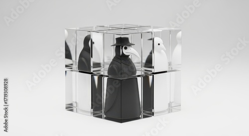 Cube reflection of plague doctor and bird figures