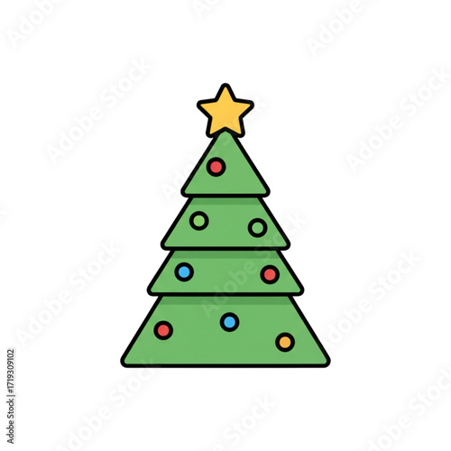 Stylized Flat Vector Icon of Decorated Green Christmas Tree