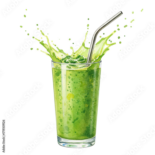 Vibrant Watercolor Illustration of a Healthy Green Smoothie in a Glass, Isolated on White Background
