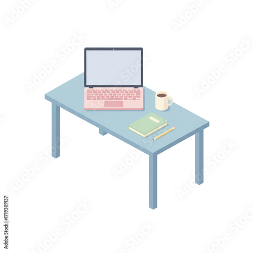 Clean Isometric 3D Illustration of a Modern Office Desk Workspace with Laptop and Coffee Mug

