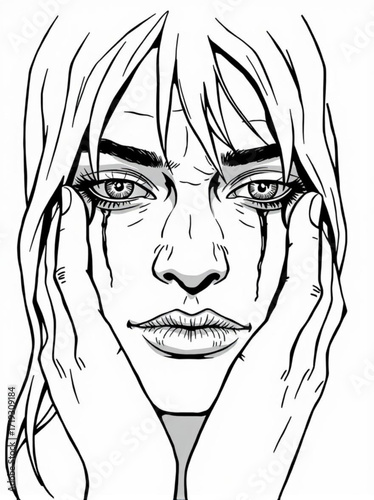 Minimilist monochrome drawing of a woman with tears falling from her eyes and hands touching her face closely vector