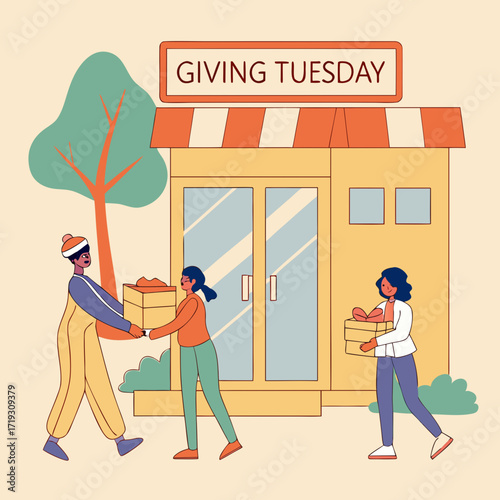 Giving Tuesday Illustration, helping others with present boxes