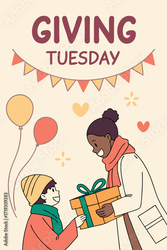 Generous moment of Giving Tuesday: handoff of gift box, supporting community, concept illustration