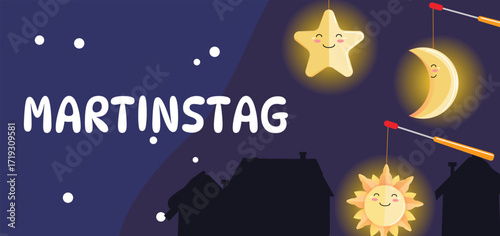 Cute glowing lanterns as sun, star and moon hanging on sticks. Martinstag graphic with dark sky, houses, cheerful seasonal greeting.