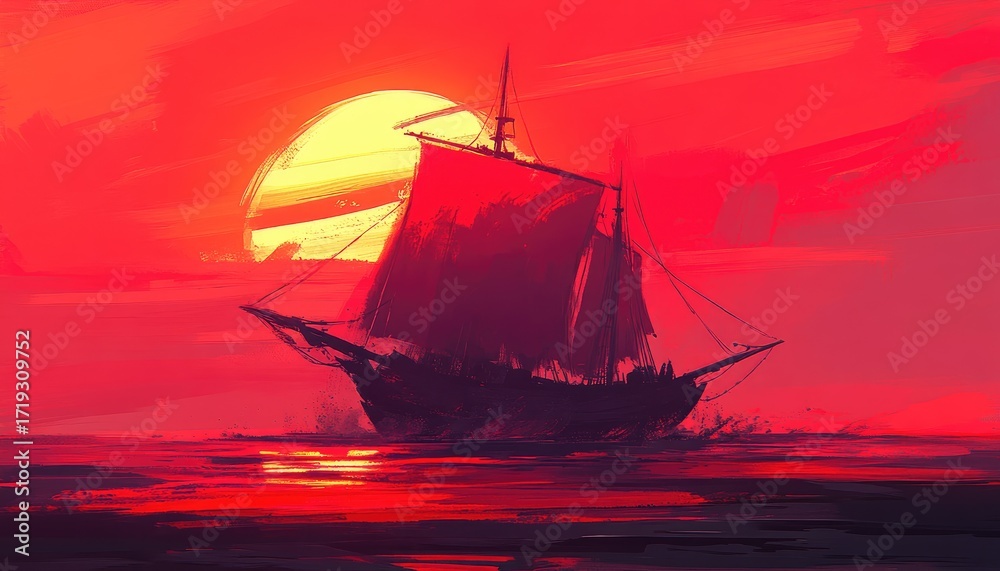 Fototapeta premium Sunset, dark ship, fiery sky