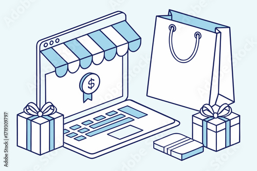 Digital shopping experience 3d render illustration of laptop with bags and packages.