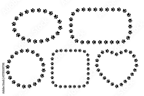 Oval, rectangle, round, square and heart frames with dog or cat paw prints. Templates for pet photo vignettes, greeting or invitation cards, pictures or banners. Vector graphic illustration.