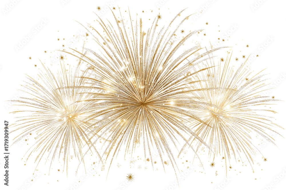 Obraz premium A Happy New Year golden fireworks burst, isolated on a transparent background.