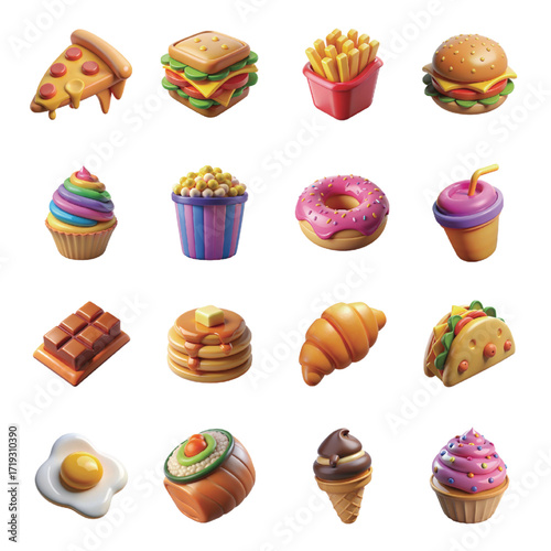 3D Cartoon Food Icons Collection | Colorful Snacks, Fast Food, and Sweet Treat Illustrations for Menus, Apps, and Creative Designs